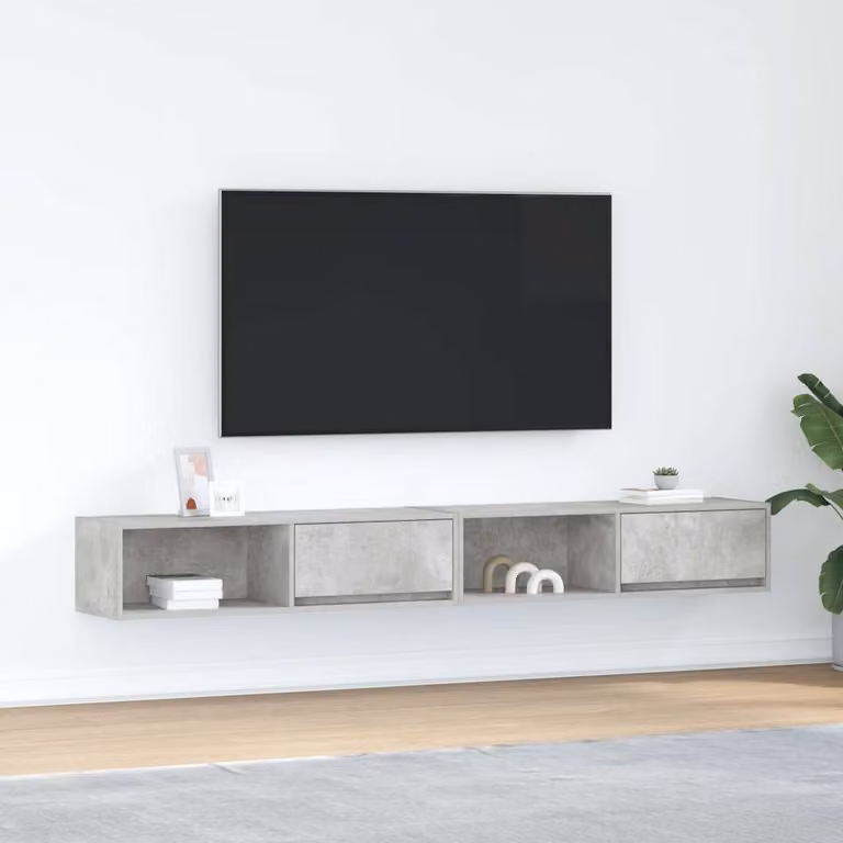 Set di 2 mobili TV moderni vidaXL in legno e MDF, colore grigio cemento, da appendere al muro, L 100 cm x P 31 cm x H 25,5 cm