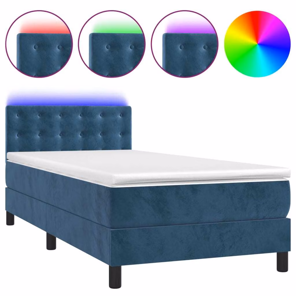 Letto a Molle con Materasso e LED Blu Scuro 100x200 cm