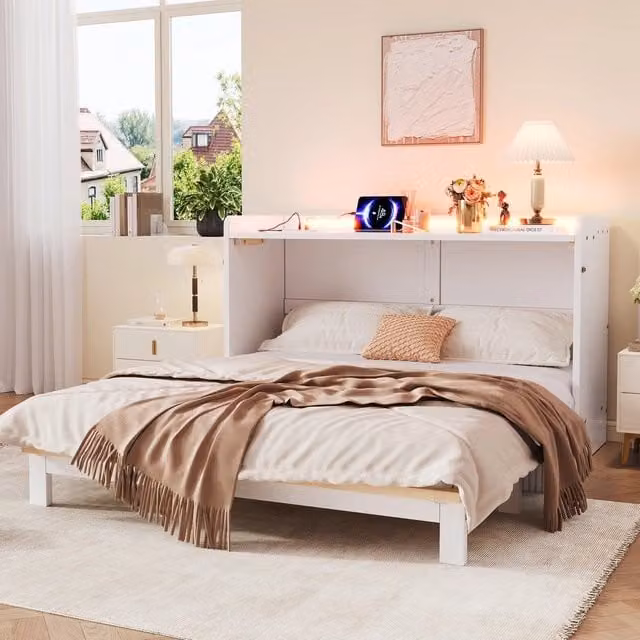 Letto a Scomparsa con Cassetti, LED e Presa USB ¨C Xylo ¨C Bianco Lucido 140x200