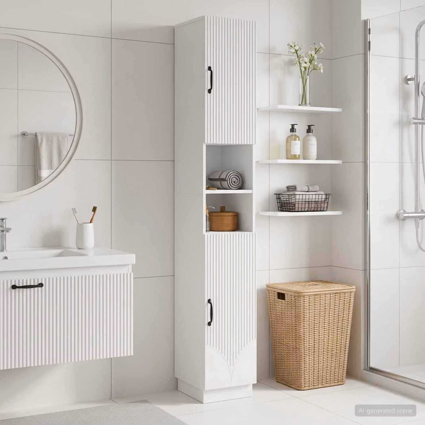 vidaXL Armadio da Bagno Moderno HOORN Bianco con Ripiano Aperto e Ante a Battente in MDF e Metallo, L/P/H: 30,0 x 23,9 x 187,0 cm