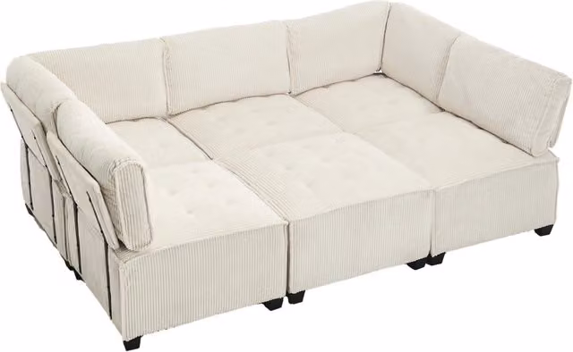 Divano modulare 6 posti in tessuto di velluto 308 cm, struttura in legno e metallo beige, design ergonomico con tasche laterali, configurabile a U, L o letto