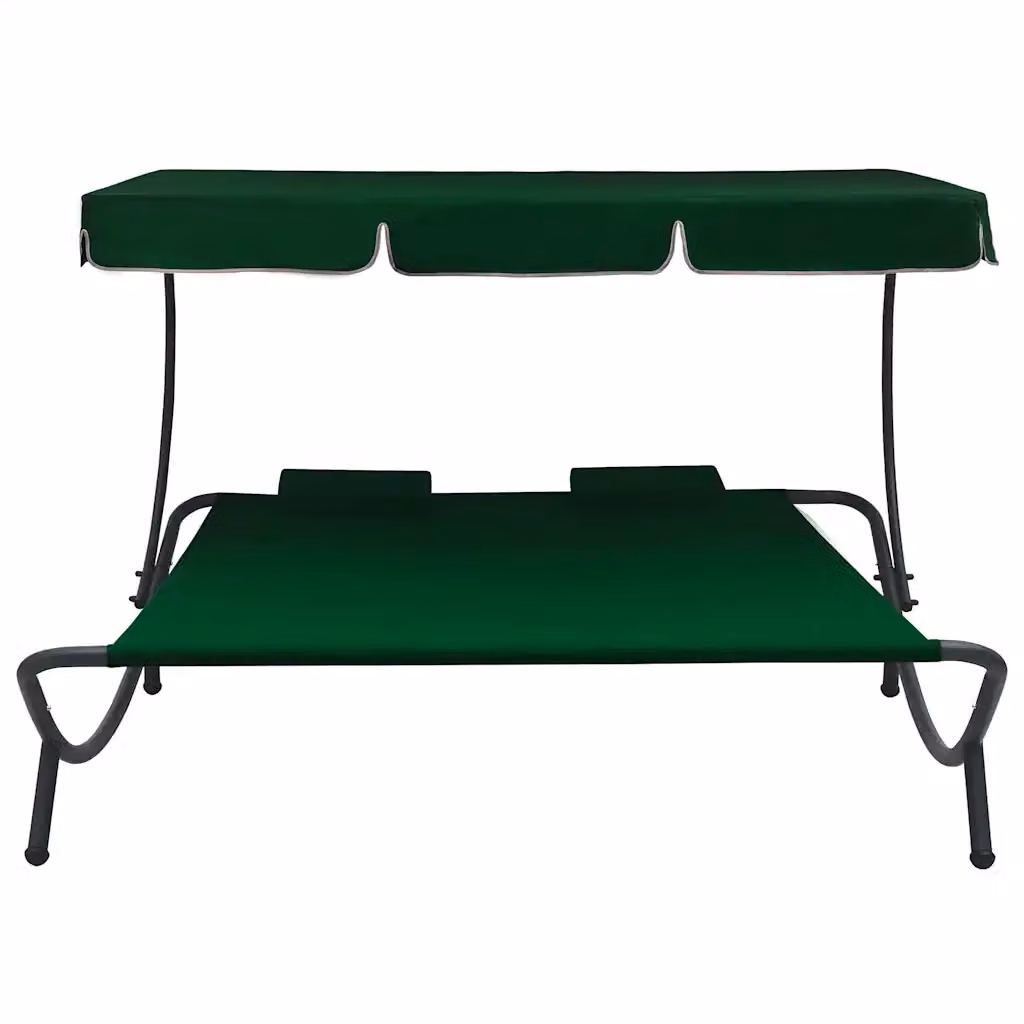 Lettino prendisole da giardino con baldacchino e cuscini verdi in acciaio e poliestere resistente ai raggi UV L: 180 cm, P: 135 cm, H: 150 cm – 2