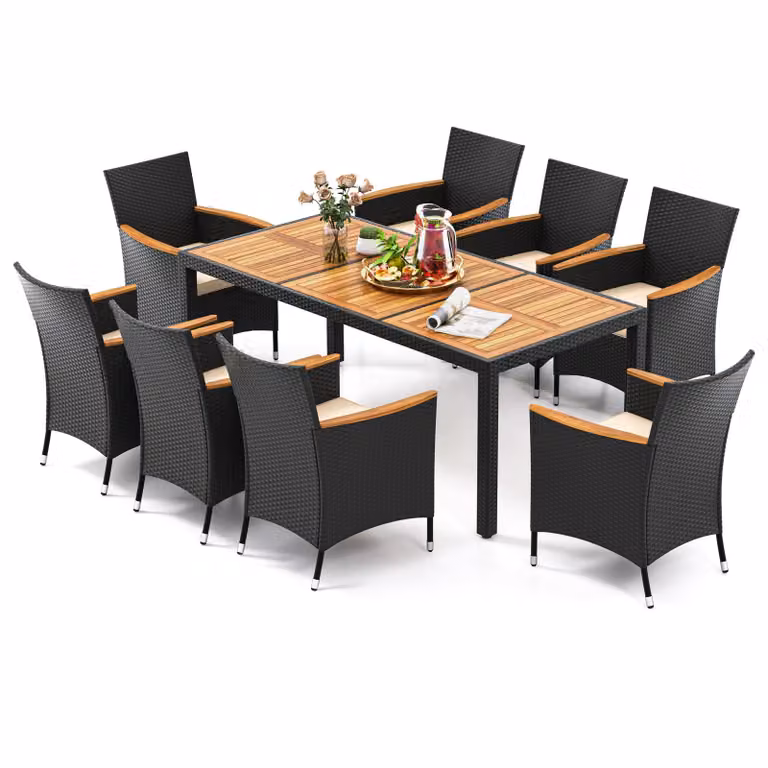 Set da giardino COSTWAY da 9 pezzi in polyrattan, set da pranzo per 8 persone, tavolo da giardino in legno con foro per ombrellone, set da giardino con tavolo da pranzo e salottino, colore marrone