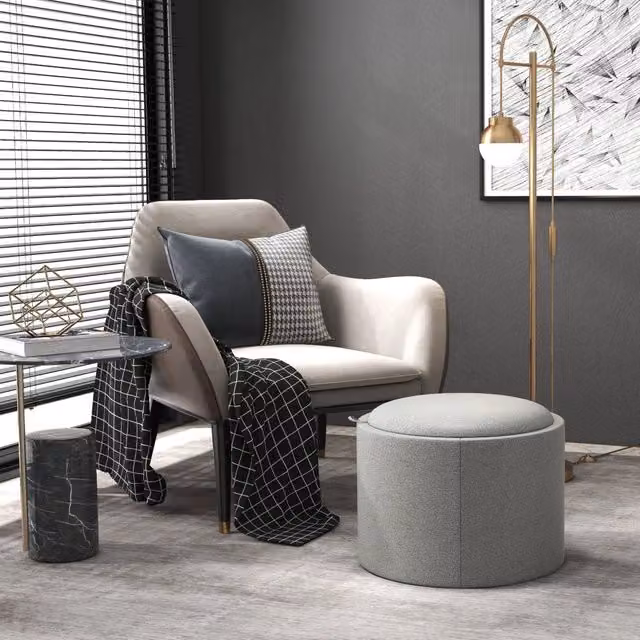 POUF Contenitore Rotondo REDOM Grigio in Tessuto e MDF L/P/H: 56 x 56 x 42 cm – 1