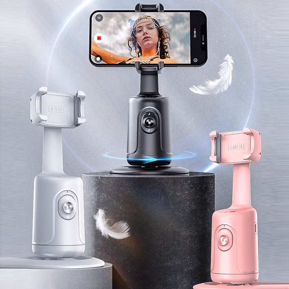 Gimbal da tavolo con tracciamento intelligente del volto a 360°, stabilizzatore per selfie, cameraman robotizzato con obiettivo regolabile e supporto stabile per smartphone