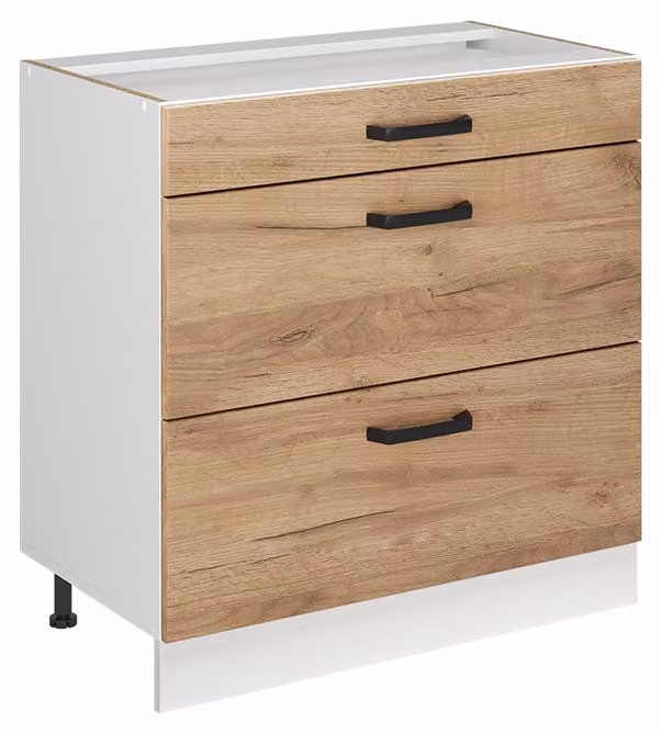 Mobiletto base per cucina Vicco R-Line Rovere dorato/Bianco 80 cm con 3 cassetti senza piano di lavoro, Model 72339