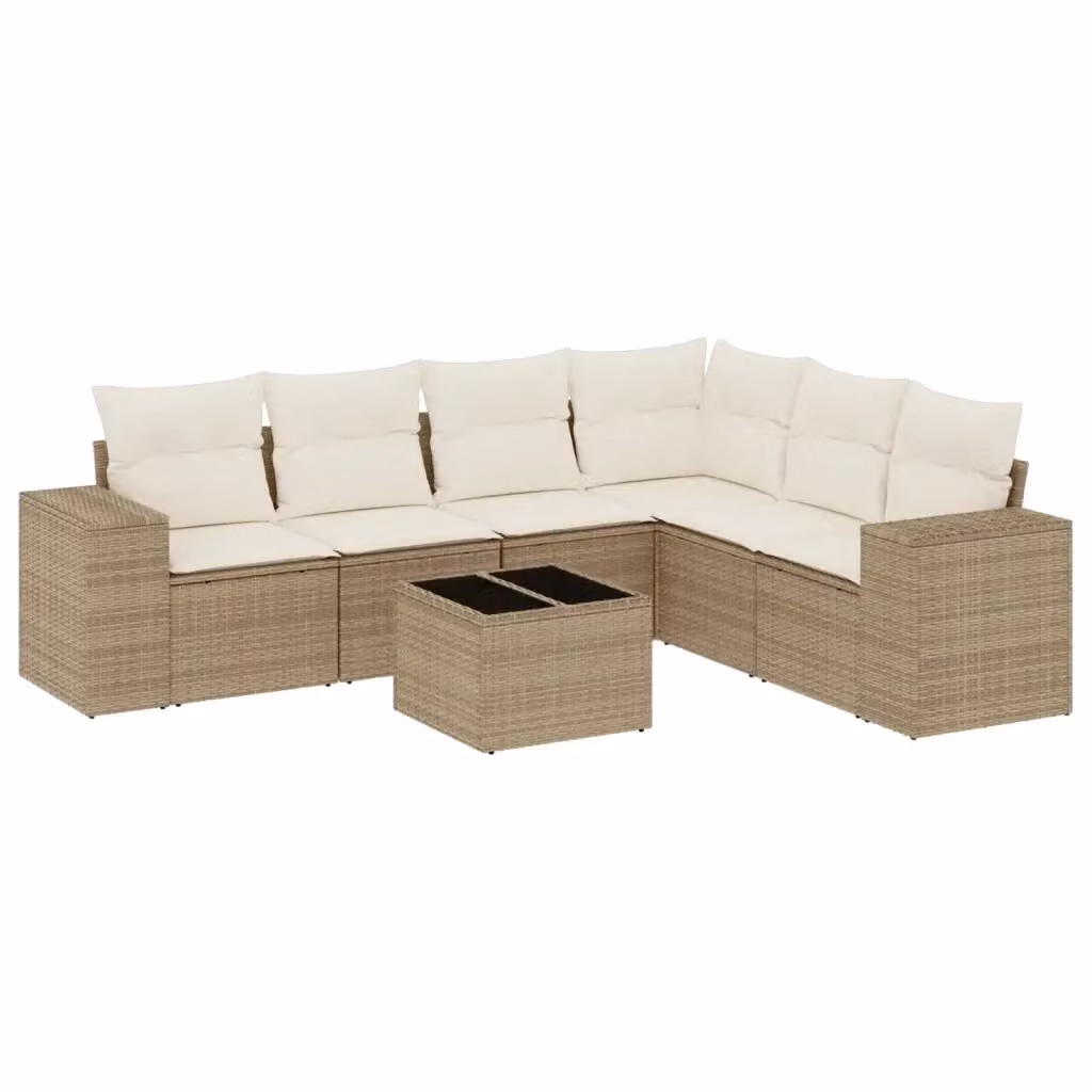 Set Divani da Giardino vidaXL 7 pz a Forma a L con Cuscini Beige e Tavolino in Vetro – 2