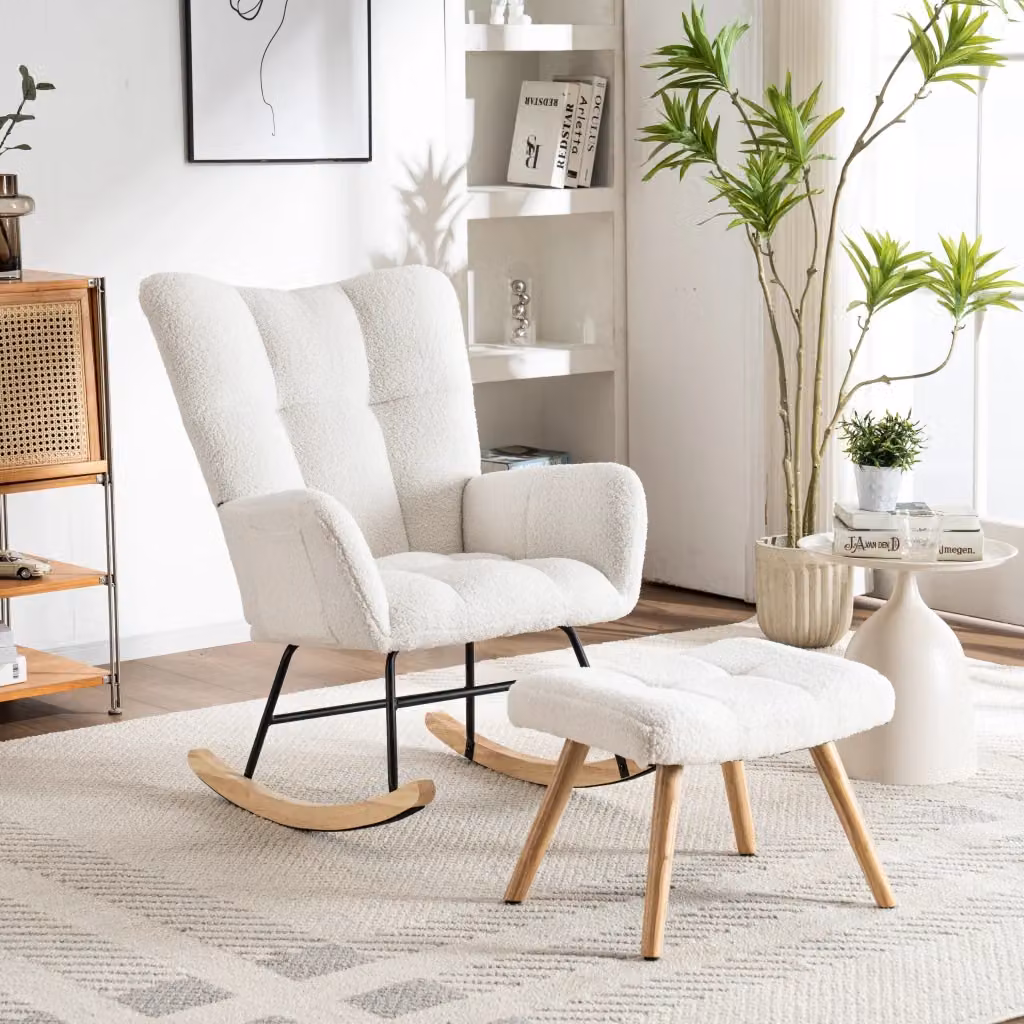 Poltrona moderna in tessuto bouclé bianco con struttura in legno WISHDOR – 2