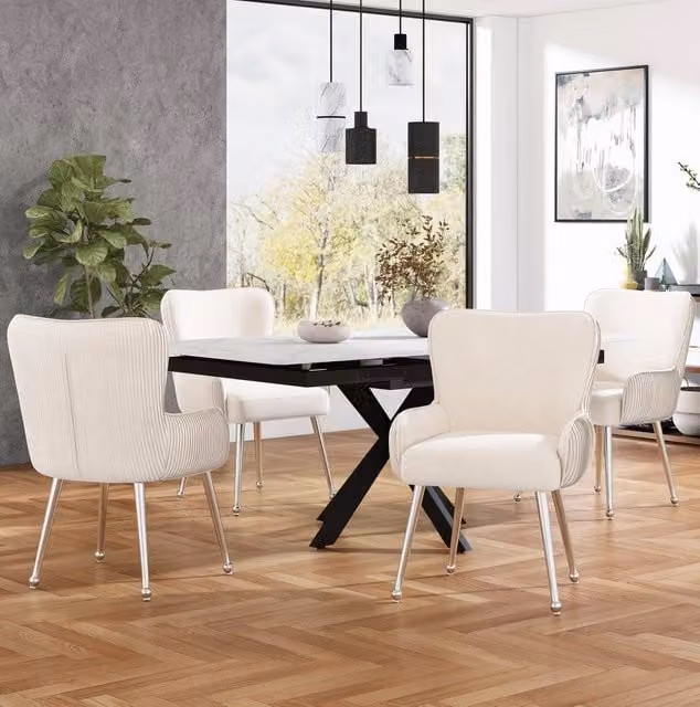 Set di 4 sedie imbottite con braccioli e supporto lombare in velluto beige