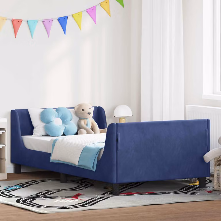 Struttura letto per bambini vidaXL in legno e velluto blu con testata e scomparti laterali L/P/H: 190 x 90 x 60 cm