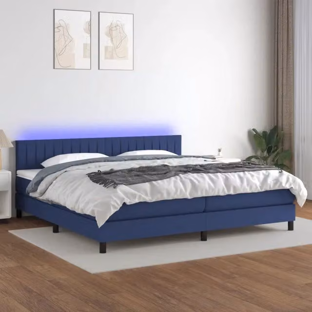 Letto moderno vidaXL con materasso a molle, illuminazione LED blu e porte USB, rivestito in tessuto bianco e blu, L 200 x P 200 x H 88 cm
