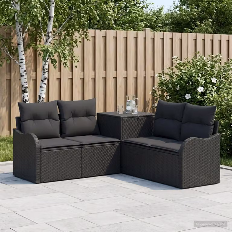 Set di divani da giardino vidaXL a forma di L in polyrattan e metallo nero con cuscini inclusi
