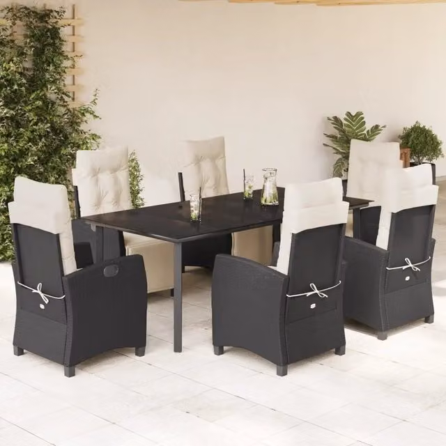 Set da pranzo da giardino vidaXL in polyrattan nero con cuscini bianchi e tavolo in vetro