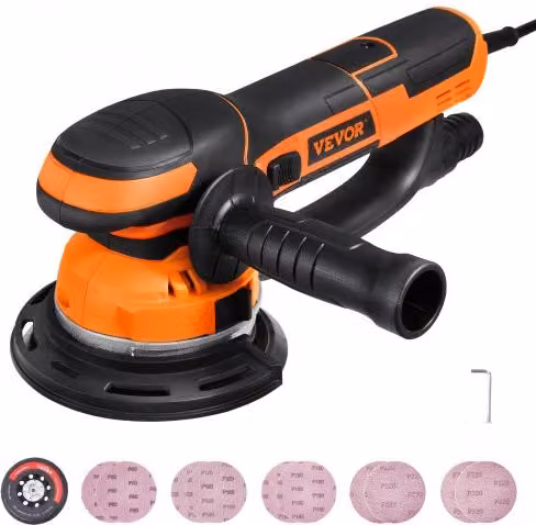 VEVOR Levigatrice Orbitale Casuale a 6 Velocità Variabili, 850 W, 7400 RPM, Diametro 150 mm, Colore Arancione