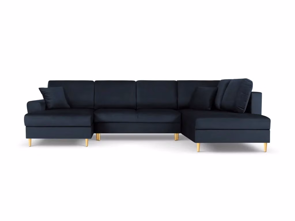Divano panoramico convertibile Kyoto Cosmopolitan Design con contenitore, 7 posti, velluto blu e oro, L 313 cm x P 194 cm x H 88 cm – 2