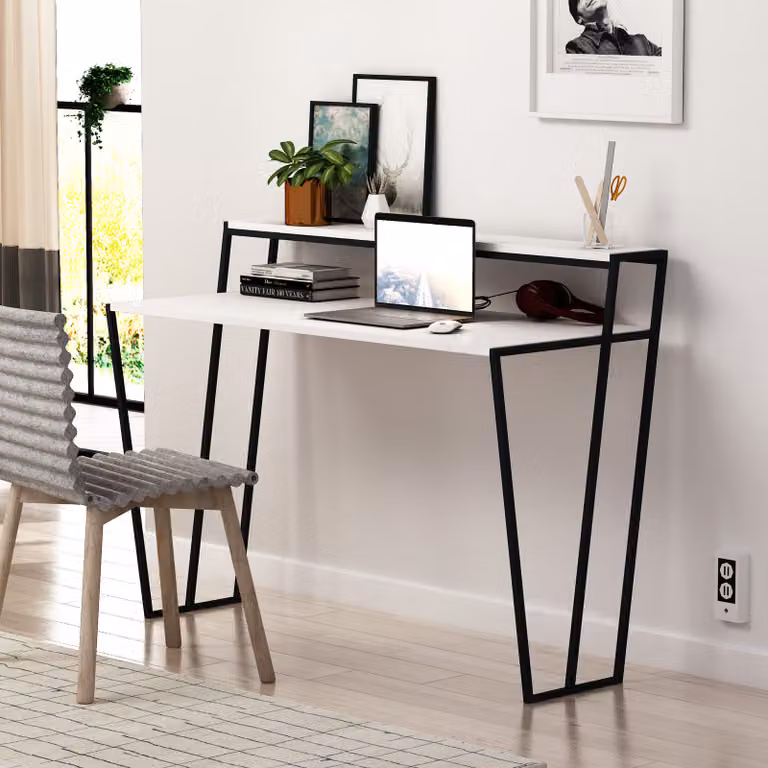 DECORTIE Pal Scrivania moderna BIANCA con supporto per monitor 124 x 58 x 92 cm