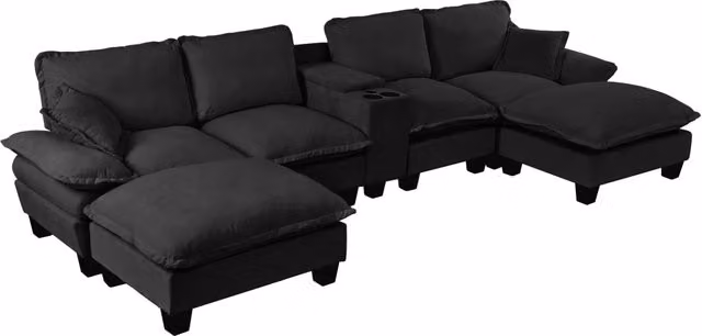 Divano modulare a U DESMIU in chenille nero con porta bicchieri, USB, 2 pouf e 2 cuscini, 362x155x90 cm