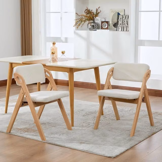 Set di 2 sedie da pranzo imbottite Minimal beige in legno di faggio massello, pieghevoli e impilabili