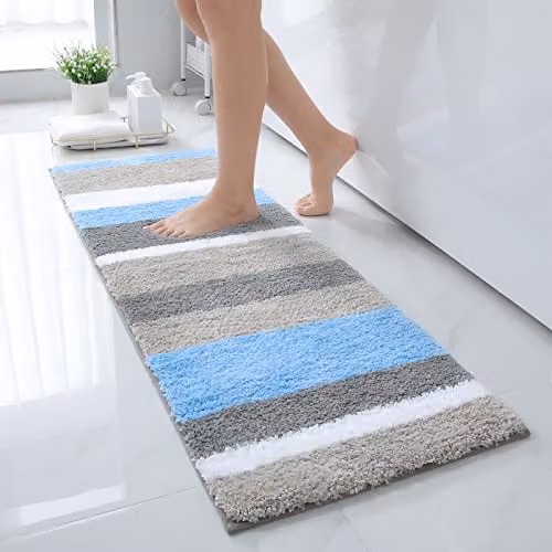 Homaxy Tappetino da bagno antiderapant,tappeto da bagno a righe in morbida microfibra, tappetino da bagno assorbente a pelo lungo, lavabile in lavatrice, 40 x 120 cm, blu/grigio