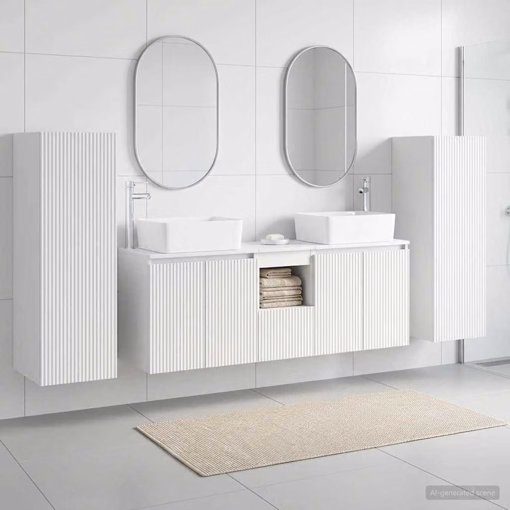 Set di mobili per il bagno moderno vidaXL in 5 pezzi bianco con vanità e pensili a muro L/P/H: 33 x 34,5 x 100 cm