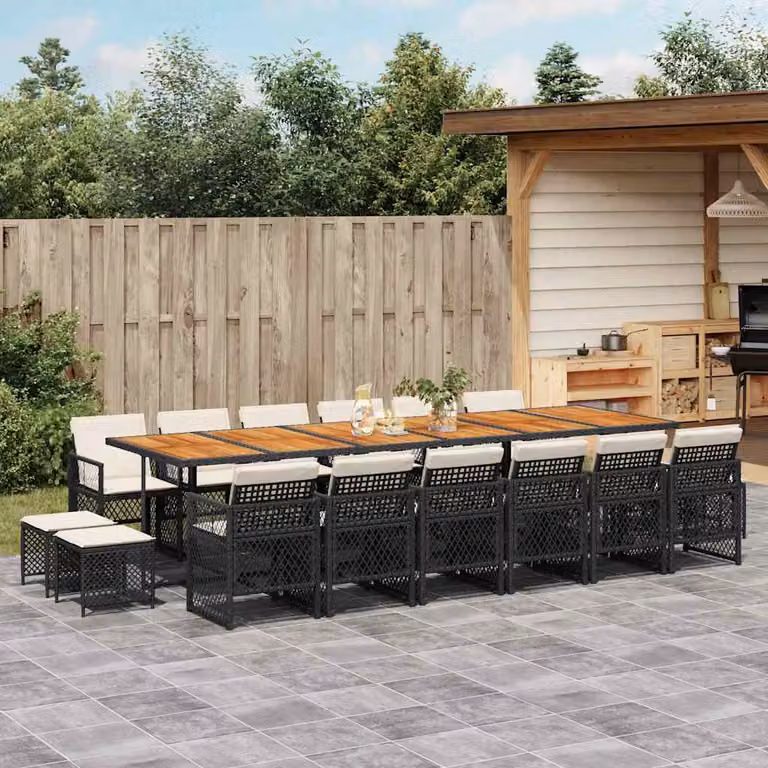 Set da pranzo da giardino vidaXL in polyrattan e legno di acacia con 17 pezzi e cuscini, colore nero e bianco