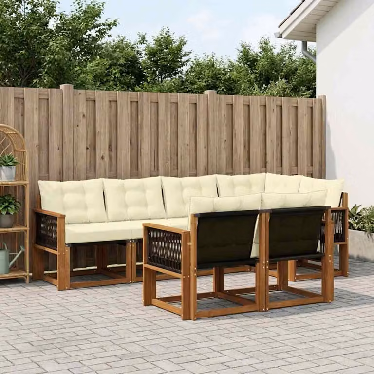 Set di divani da esterno vidaXL 7 pz in legno di acacia con cuscini beige e bianco e sedute in textilene a forma di L per giardino e terrazza