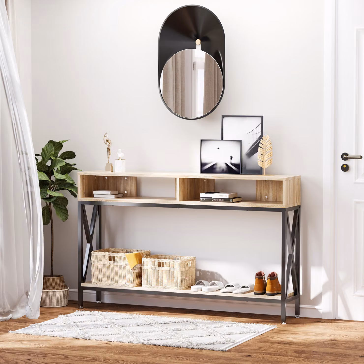 Consolle Industriale HOMCOM con Multi-Ripiani in Effetto Rovere Beige, L: 120 cm, P: 23 cm, H: 75 cm – 2