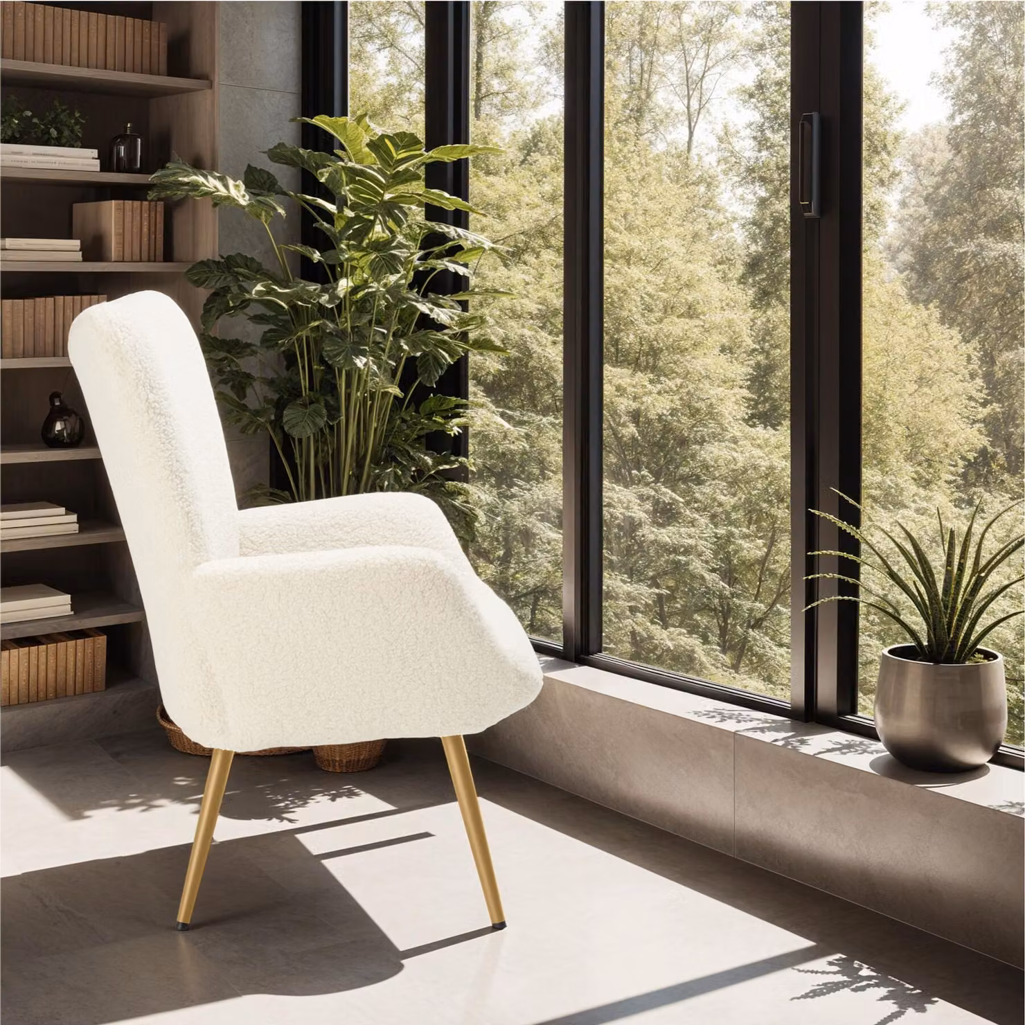 Poltrona scandinava tectake in bouclé beige e oro con braccioli e struttura in metallo per il tuo soggiorno, L: 100,5 cm, P: 72,0 cm, H: 76,0 cm – 2