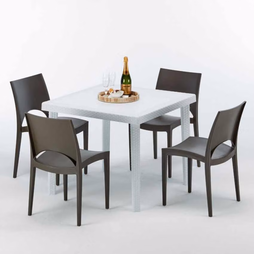 Tavolo quadrato bianco e 4 sedie in polipropilene colorato per esterni Grand Soleil Paris Love - Brown