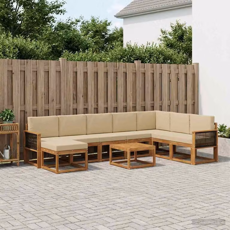 Set di divani da esterno vidaXL a forma di L composto da 9 pezzi in legno di acacia con cuscini beige e marrone