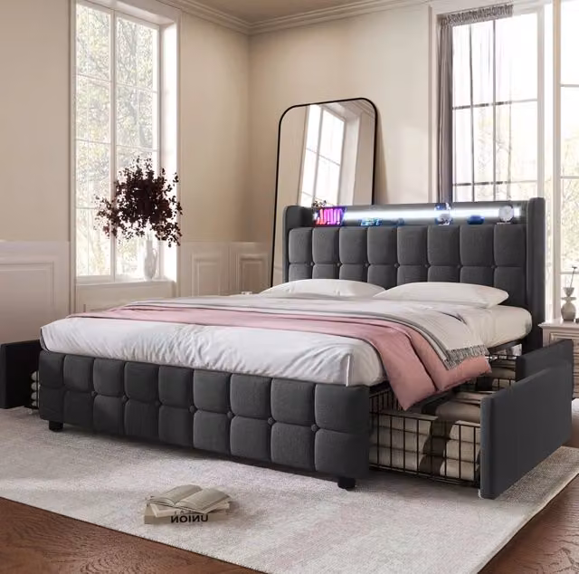 Letto matrimoniale 180x200 cm con LED; prese USB e 4 cassetti; legno grigio