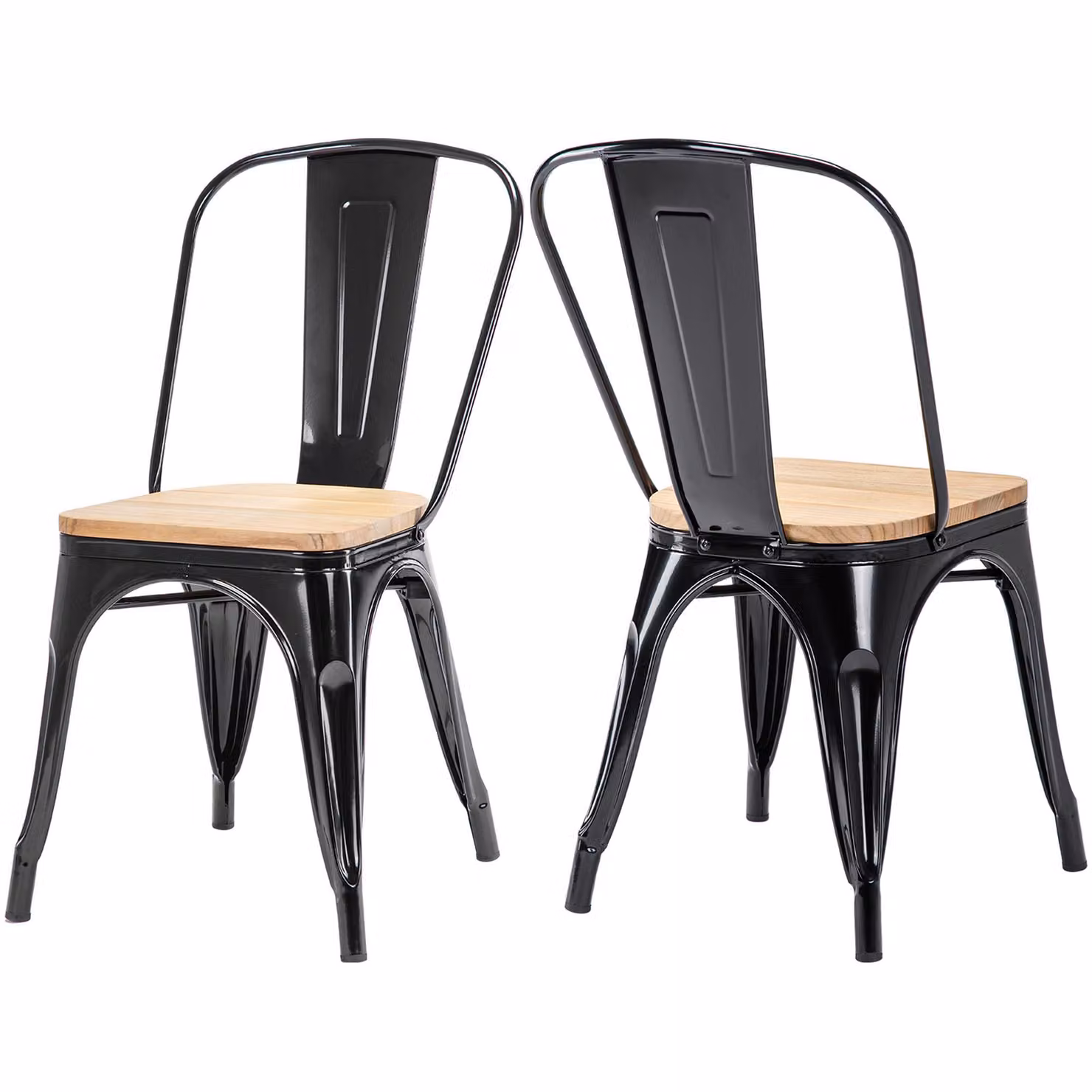 2x sedia da cucina sedia da pranzo in METALLO seduta in legno impilabile, colore:nero+legno naturale , materiale:metallo
