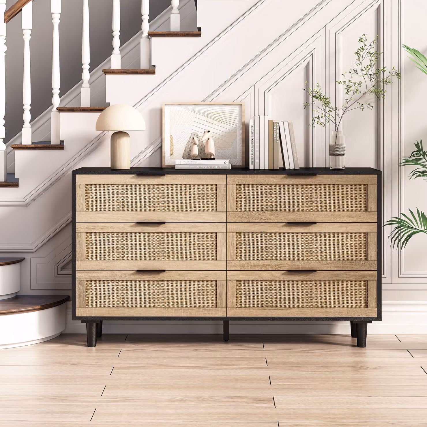 Cassettiera AIORBER, rattan, 6 cassetti, stile rustico antico, molto spazio, credenza, adatta per camera da letto, soggiorno, 130x40x75cm, nero