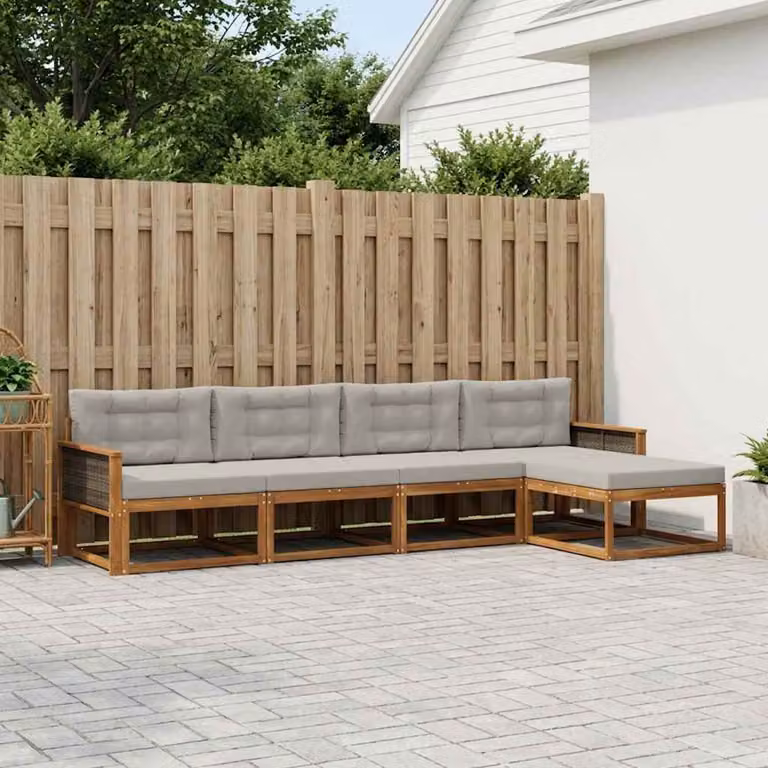 Set di divani da esterno vidaXL 5 pz in legno di acacia con cuscini, colore marrone e grigio chiaro