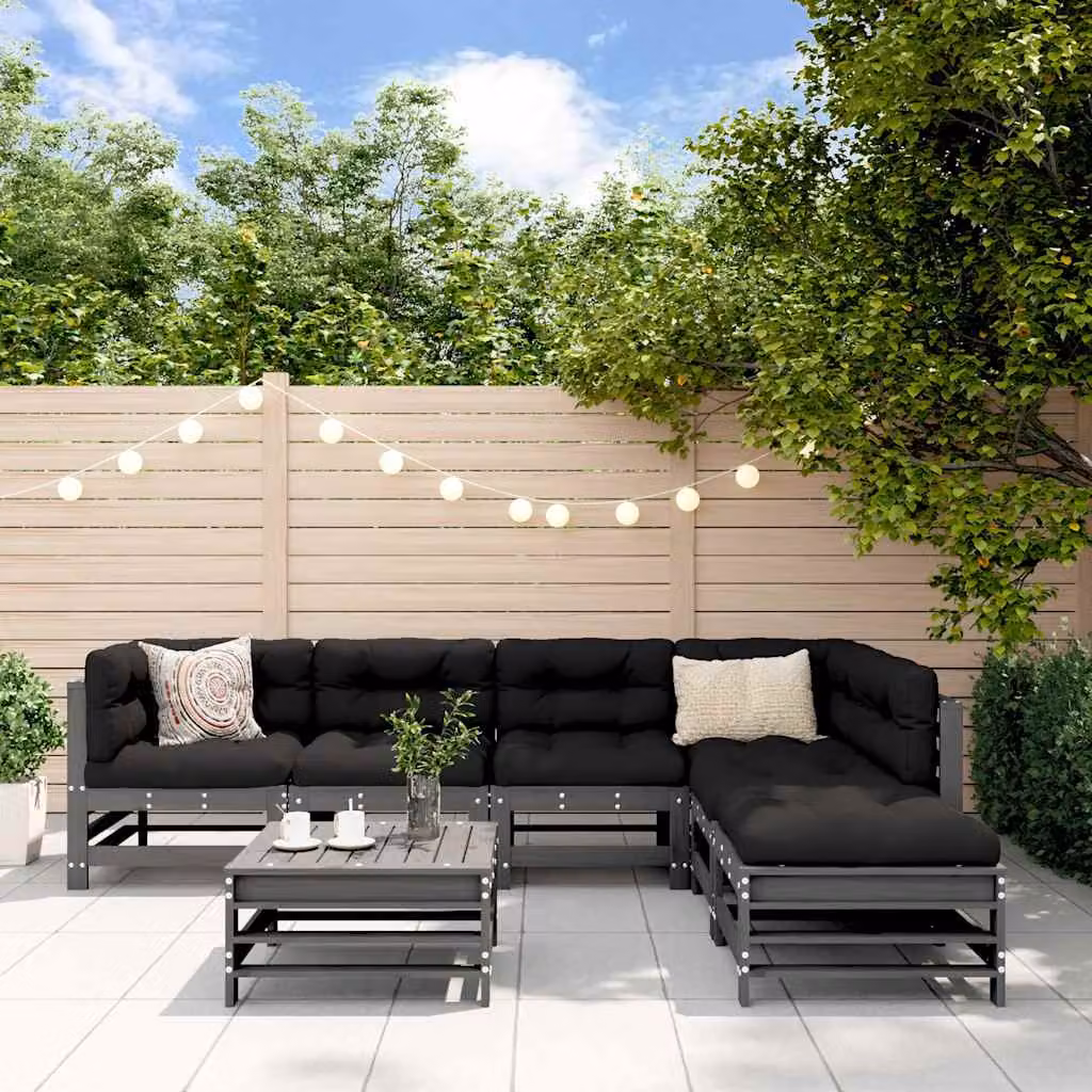 Set Divani da Giardino vidaXL 7 Pezzi in Legno di Pino Trattato con Cuscini Grigio e Nero