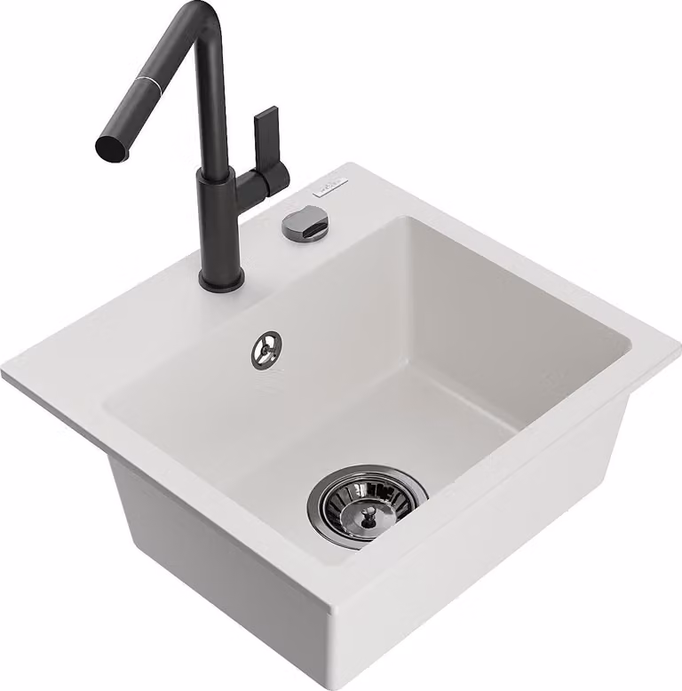 Mexen Milo lavello in granito 1-vasca con rubinetto da cucina Flora, bianco - 6505-20-670401-70-B