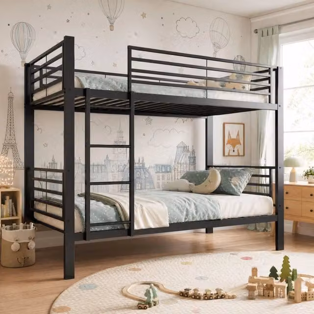 Letto a castello - 90x200 cm - Struttura in metallo - Letto per bambini - Scaletta montabile a sinistra o a destra - Nero