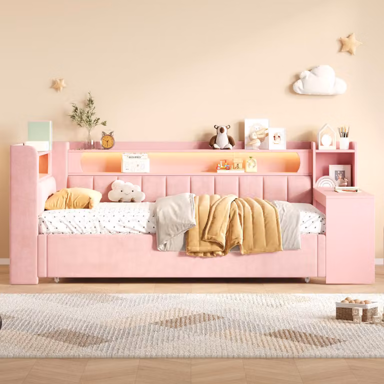 STILVORA, letto a giorno 90x200 cm estendibile fino a 180x200 cm, con prese USB e illuminazione LED, letto imbottito con letto estraibile e scrivania, letto multifunzionale color rosa