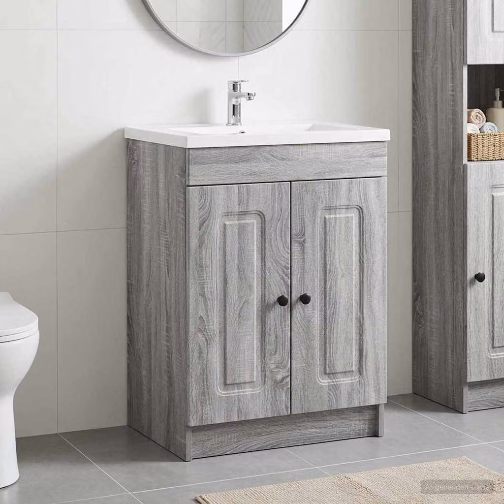 vidaXL Mobiletto da bagno moderno sotto il lavello in stile Sonoma, grigio, con ante a battente e ripiani interni, L/P/H: 81,0 x 37,5 x 56,0 cm