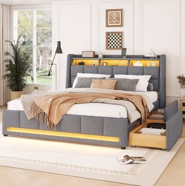 Letto imbottito 140x200 cm con LED APP; cassetti e USB in lino grigio