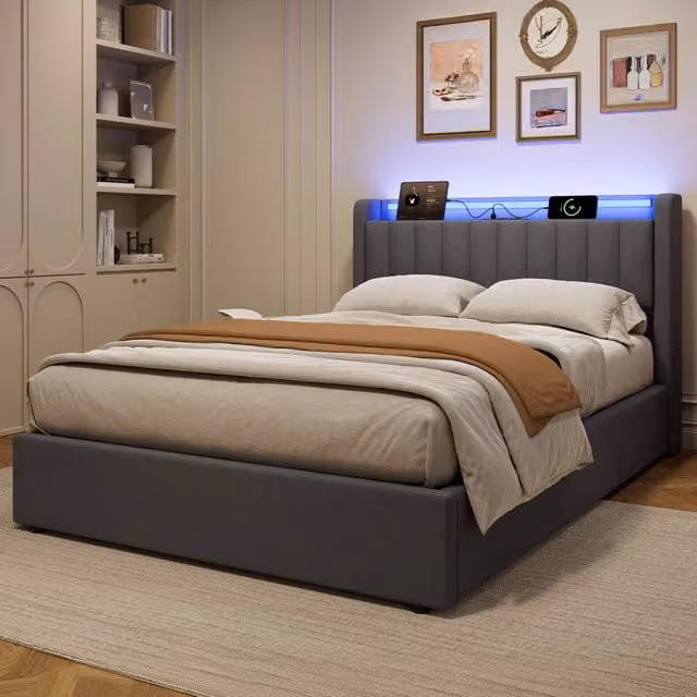 Letto Imbottito 140x190 cm Grigio Scuro in Velluto con Contenitore, USB e Luce d’Atmosfera
