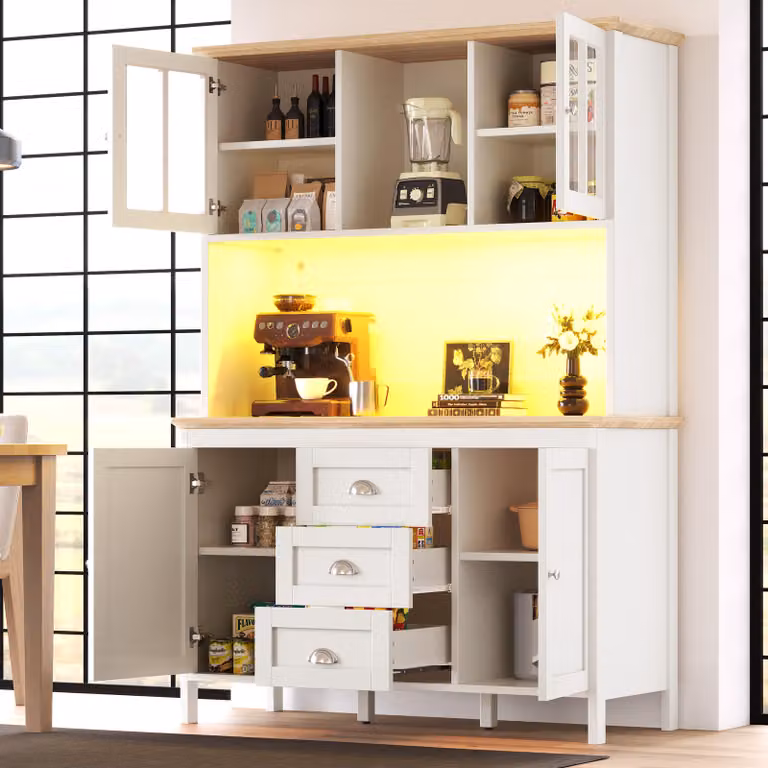 MODFU, armadio laterale multifunzionale, con maniglie in metallo e illuminazione a LED, mobile da cucina con sistema antiscivolo a parete, con gestione dei cavi, colore bianco