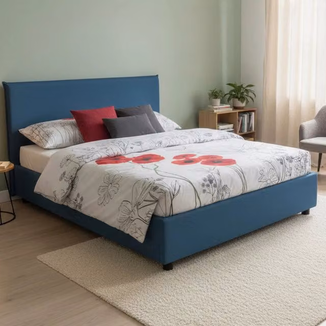 Letto matrimoniale contenitore Arcan di Talamo Italia con rivestimento in tessuto blu, adatto per materasso 160x200 cm
