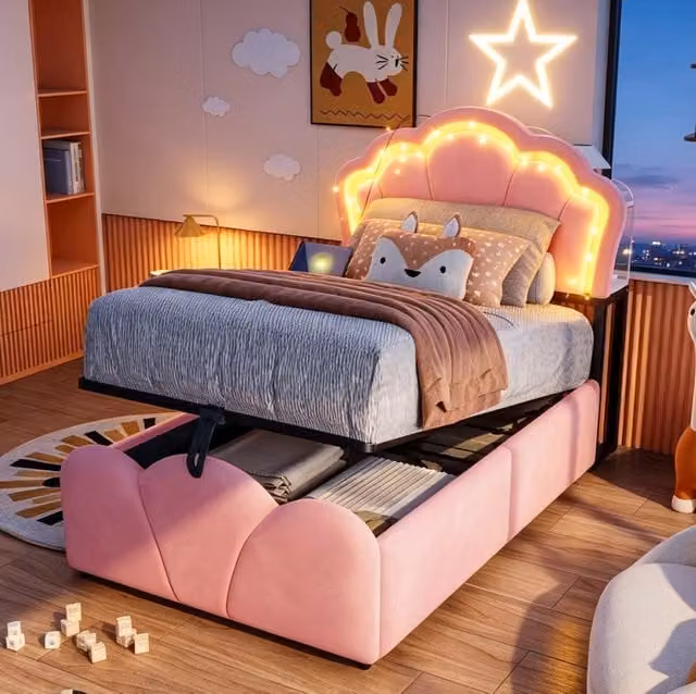 Letto imbottito 90x200 cm con contenitore idraulico, illuminazione LED, tasche nel pannello testiera e tessuto in velluto rosa