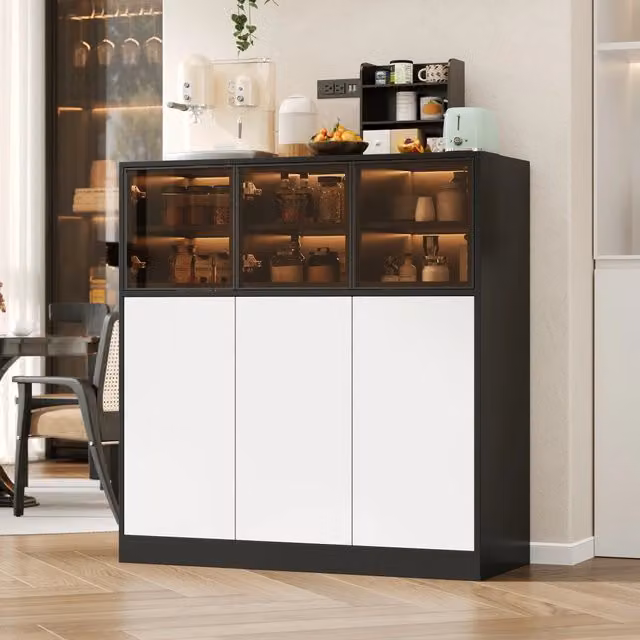 Credenza moderna in MDF e vetro con illuminazione LED integrata, bianco e nero, L: 100 cm, P: 40 cm, H: 105 cm