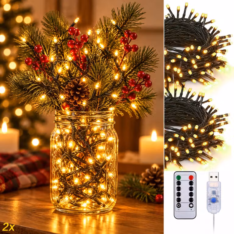 2 catene luminose da 10 metri con 100 LED ciascuna, luce calda, con telecomando, alimentazione USB, timer, dimmer, 8 modalità di illuminazione, ideali per decorazioni natalizie, compleanni, camere da letto, balconi