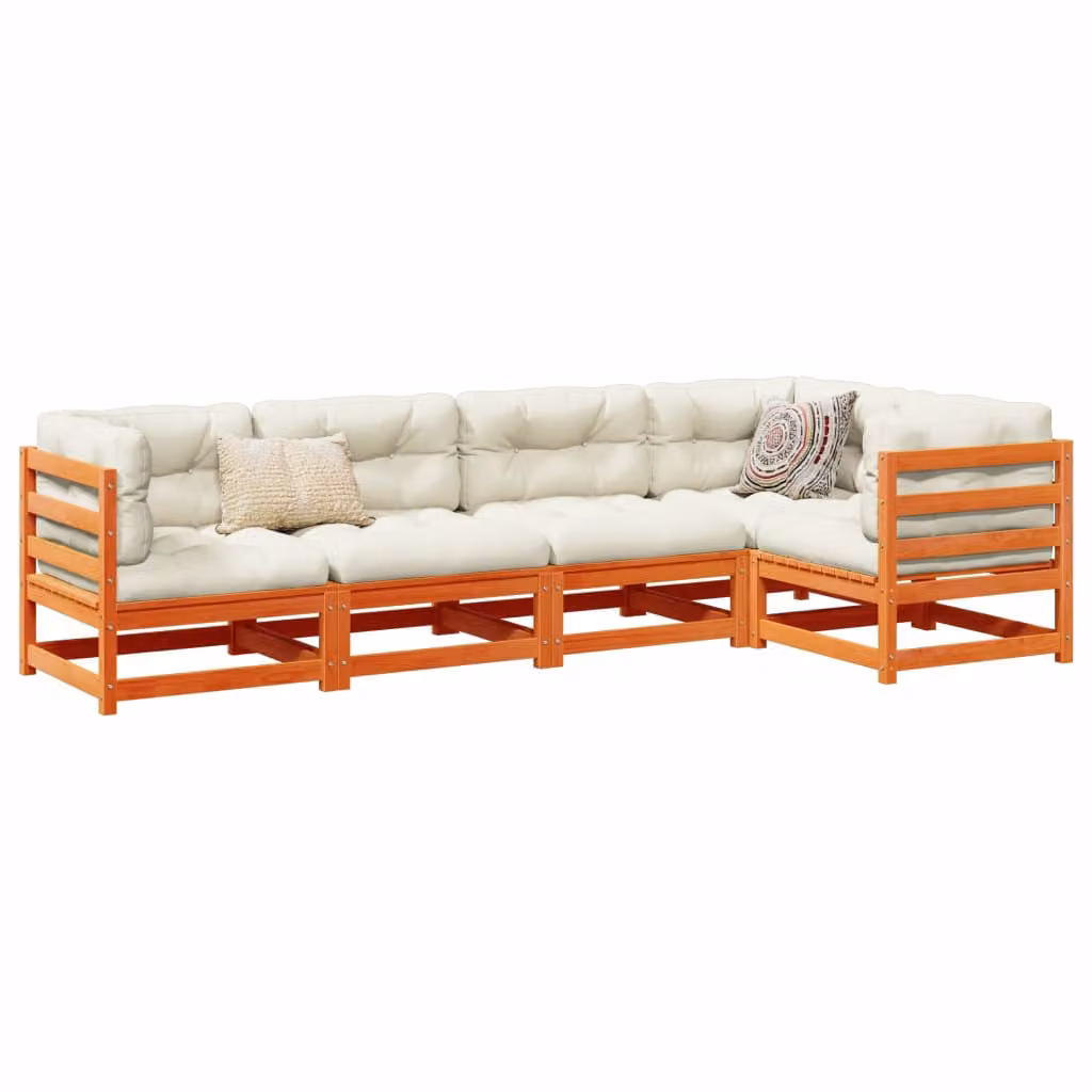 Set di Divani da Giardino vidaXL a Forma di L in Legno di Pino Massello Marrone con Cuscini Beige – 1