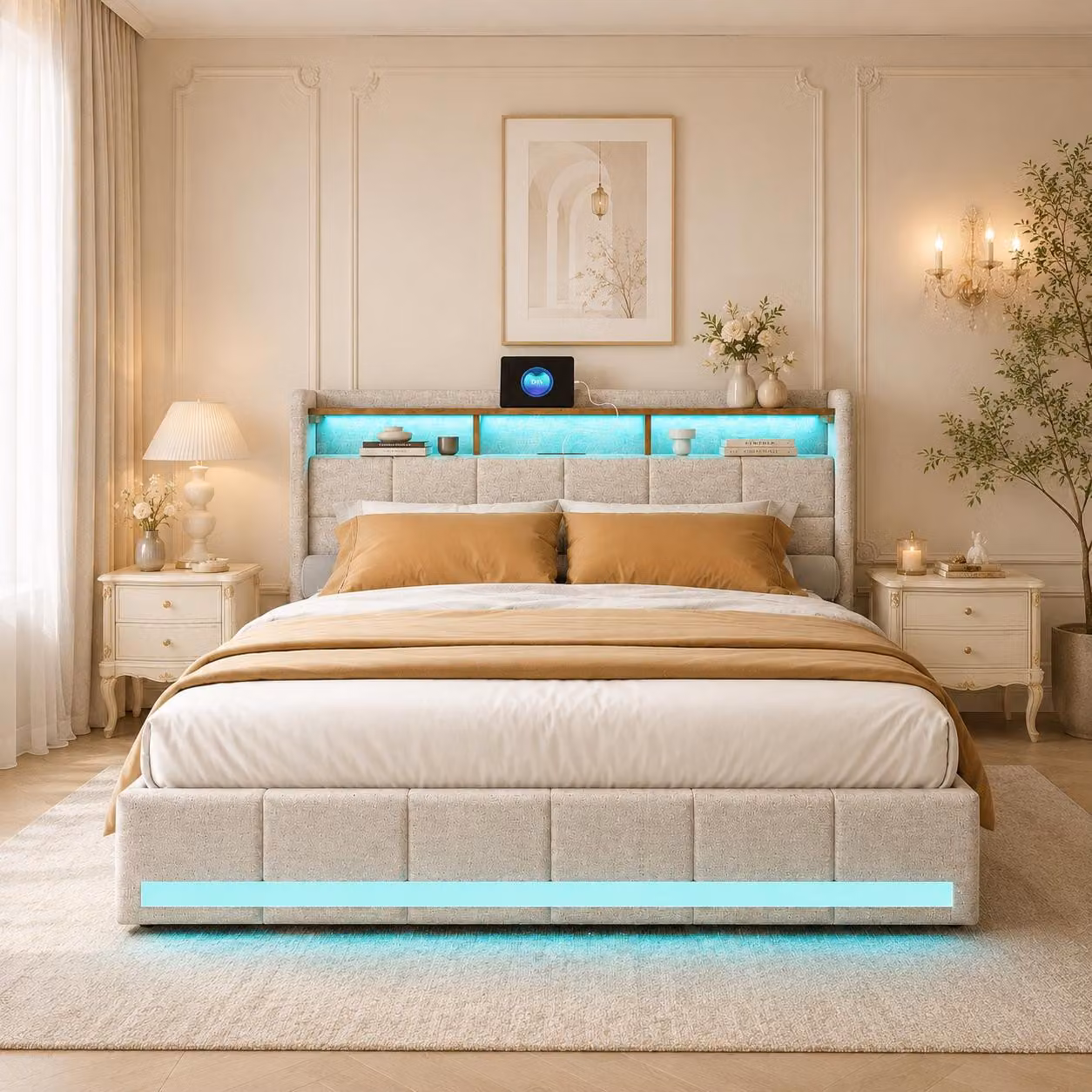 Letto imbottito INONEFT, 180x200 cm, con illuminazione LED e prese USB, letto matrimoniale per ragazzi con 4 cassetti e 3 vani portaoggetti, tessuto in lino, color beige
