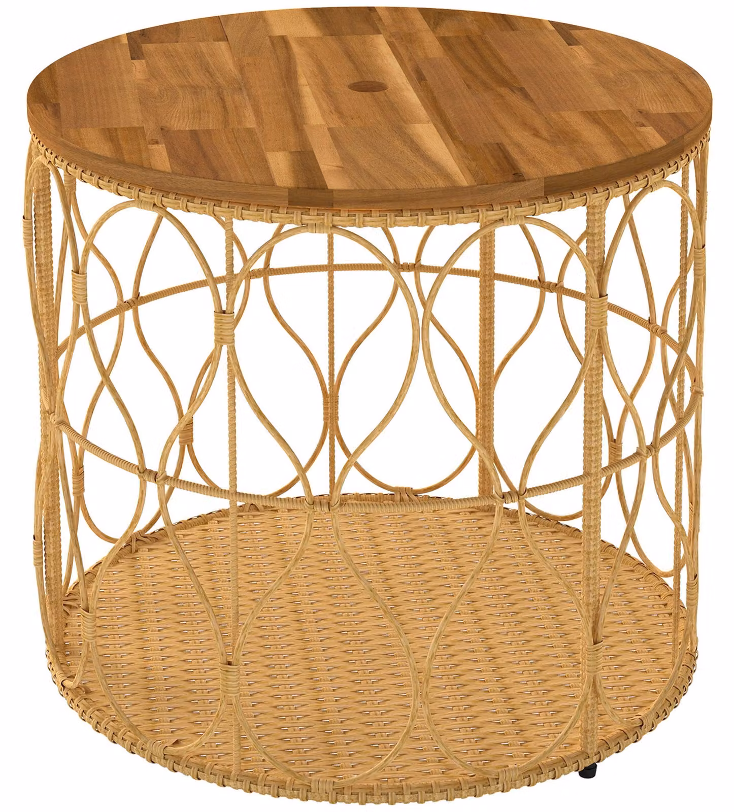 Tavolino da esterno, diametro 50 cm, in legno di acacia e rattan | Colore: legno di teak | Dimensioni: 50x50x47,5 cm