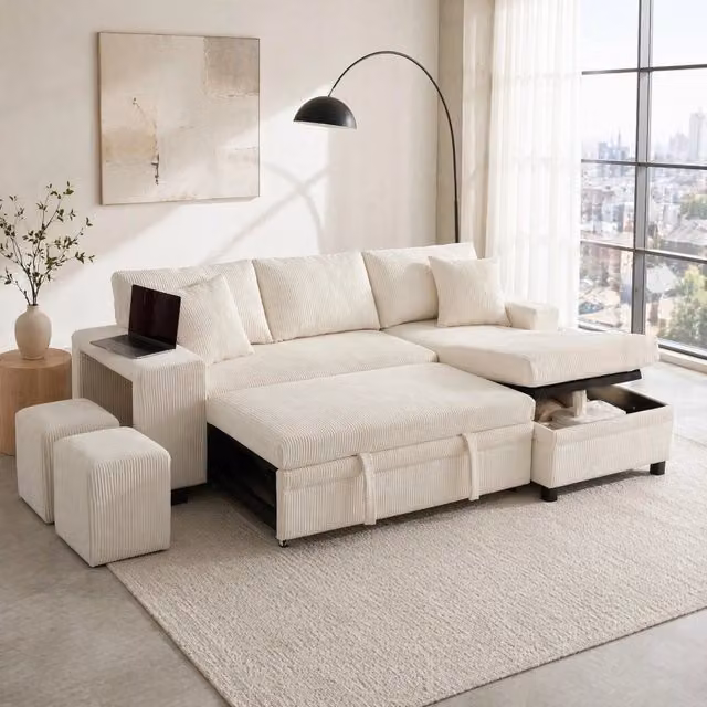 Divano letto angolare 231 x 131;5 cm con contenitore; ricarica USB e Type-C in velluto a coste beige HOMVRA